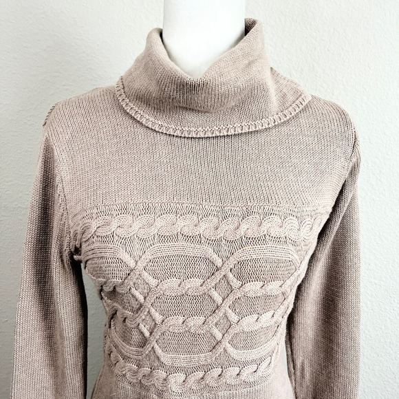 Bylyse Cable Knit Sweater Women's S Tan Camel Hair Mock Neck Knit Tunic - Picture 2 of 7